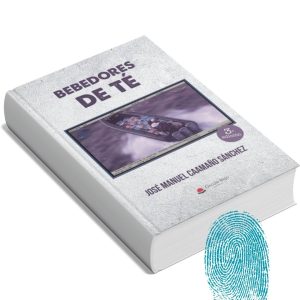 Ejemplar de Bebedores de Té, novela policíaca de José Manuel Caamaño, con huella azul