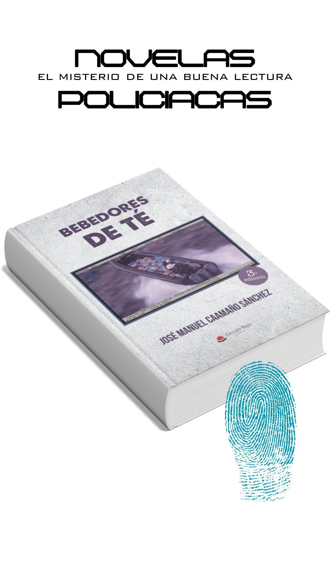 Ejemplar de Bebedores de Té, novela policíaca de José Manuel Caamaño, con huella azul